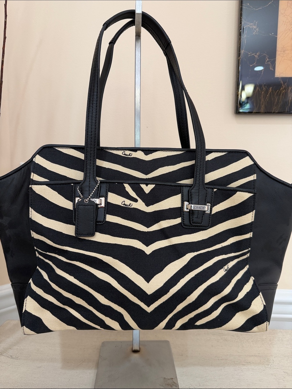 Coach Black & Cream Zebra-Print Canvas Tote